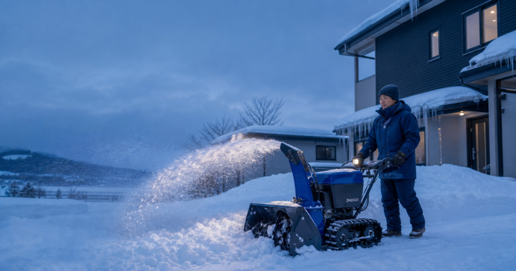 北海道の雪の中で青い除雪機を使用するイメージ