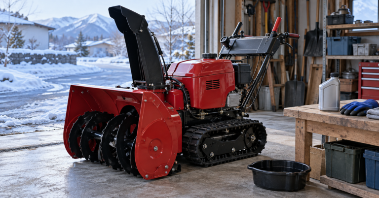 冬の準備をする車庫に止めた除雪機と、エンジンオイルの容器・廃油受けを描いたAI生成イメージ
